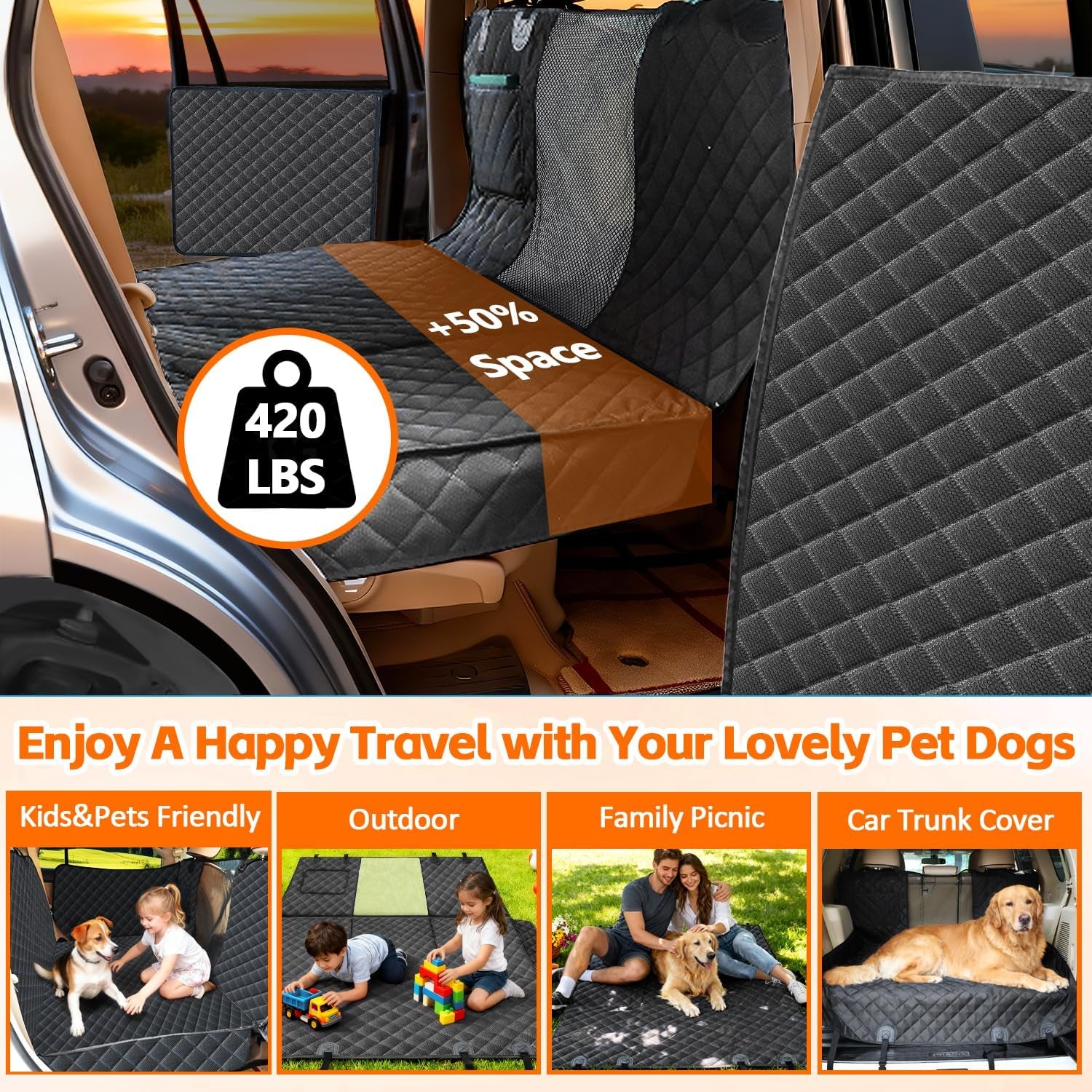 Dog Car Seat Cover for Back Seat Extender for Dogs,Hard Bottom Car Seat Cover for Dogs with Car Door Protectors, Waterproof and Scratch-Resistant Seat Covers for Cars Suv&Truck